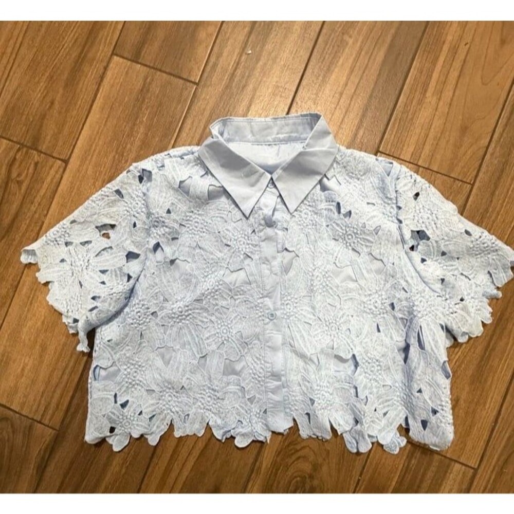 Women Two Piece Outfit Floral Lace Cutout Set Size L Light Blue